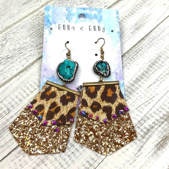 Ella & Elly Turquoise & Leopard Sequin Drop Earrings - Picture 2 of 4